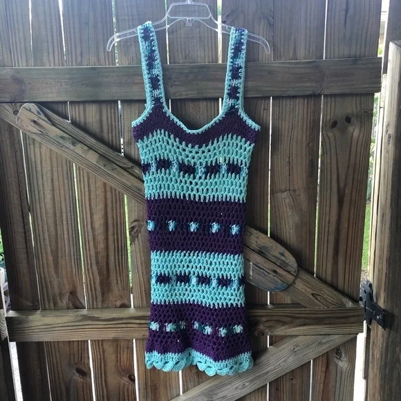 Handmade Crochet Tank Dress Multi Color Blues M - Picture 3 of 6